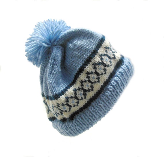 pom fair isle hat pom , Fair white on and design beanie, Isle hat hand navy knit blue, pale