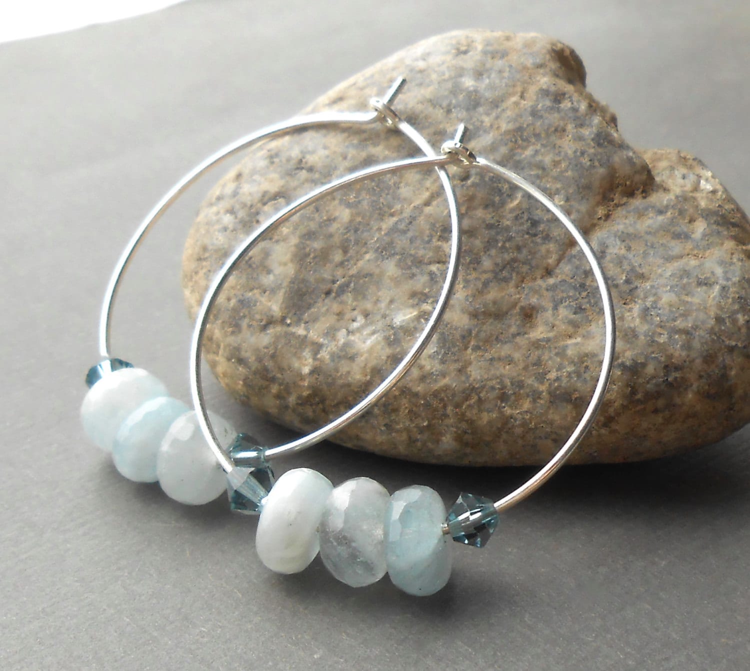 Aquamarine Hoop Earrings Gemstone Hoops Sterling Silver