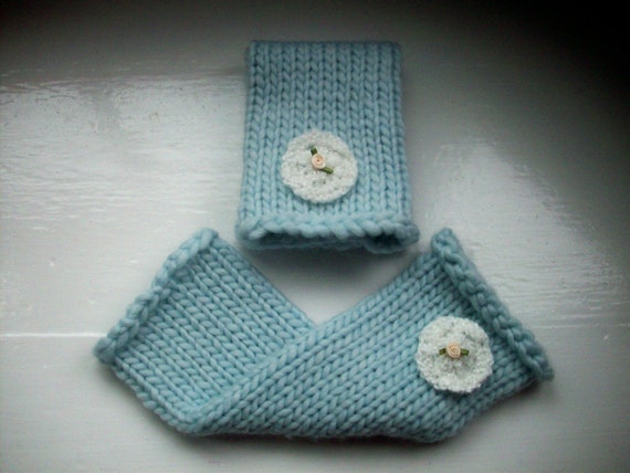 Leg warmers, super chunky, warm, pale blue, white flower, wool rich
