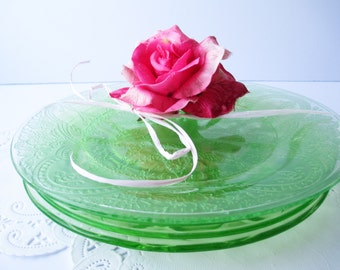 Vintage Green Depression Glass Mismatched Luncheon Plates Set of Four