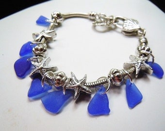 Sea Glass Bracelet, Starfish Nautical Blue Beach Glass Jewelry Seaglass Charm Bracelet