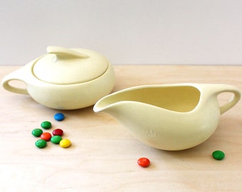 1950s mid century modern Sylvan cream and sugar set, pastel yellow.