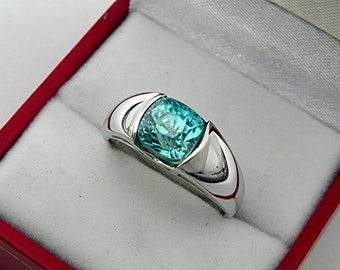 AAAA Blue Zircon Cushion cut 7.5x7mm 4.2 Carats 14K White gold ring. 1366