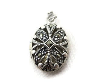 Silver Marcasite Locket Pendant - Sterling Silver