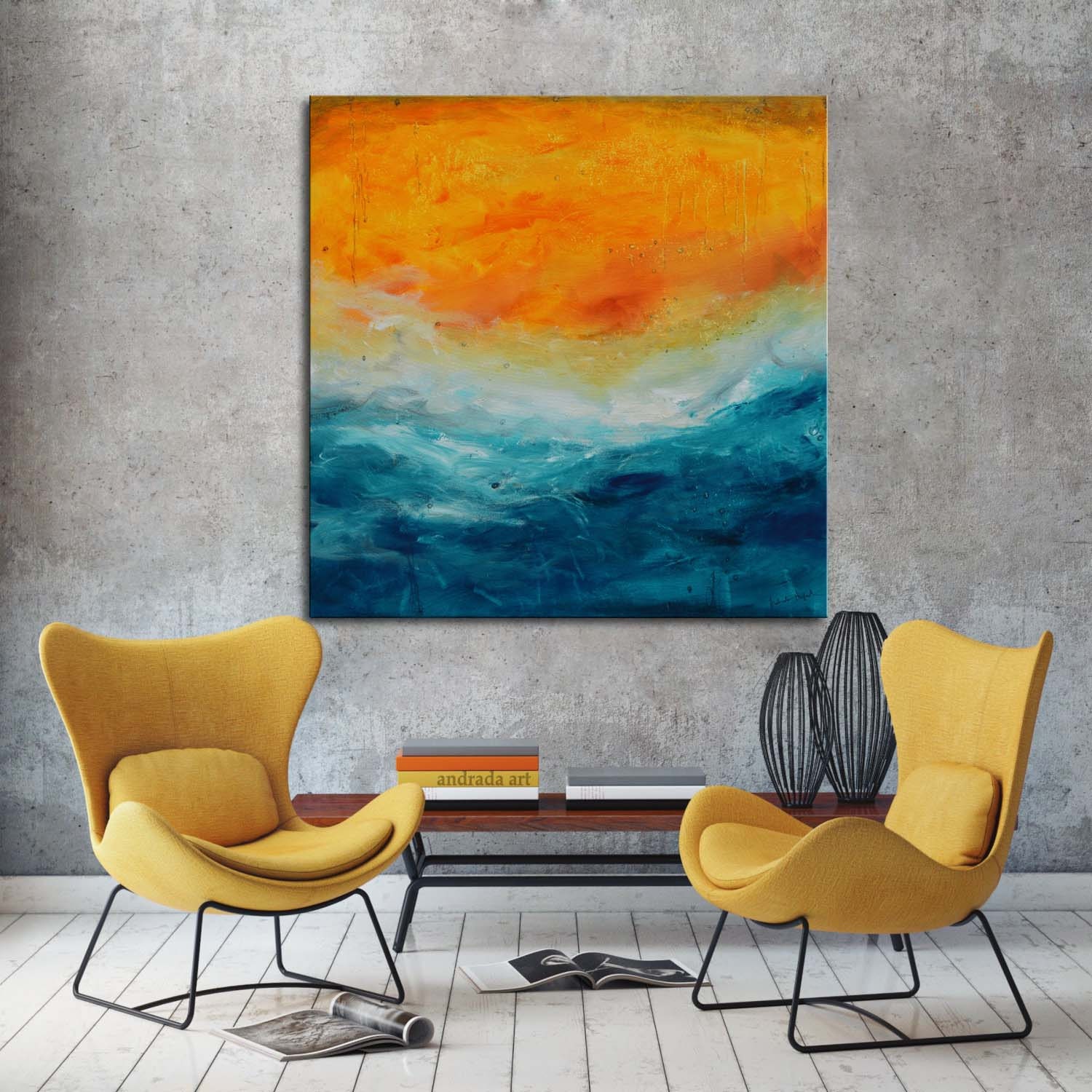 Blue and gold painting on canvas abstract art orange by Andrada