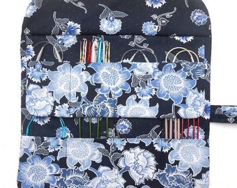 Circular Knitting Needle Holder, Blue Floral Double Pointed Needle DPN Case, Crochet Hook Storage, Artist and Makeup Brushes Organizer