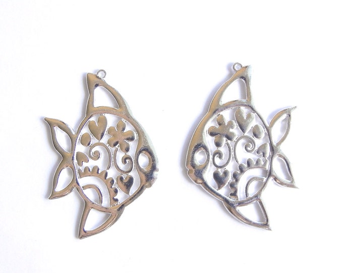 Pair ofFish Charms with Decorative Cut-out Design Bright Siver-tone