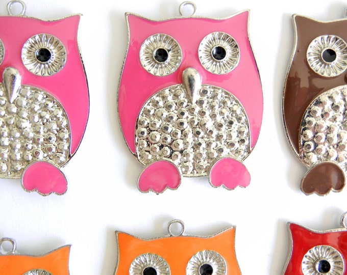 6 Silver-tone Pink, Brown, Orange and Red Epoxy Owl Charm Pendants