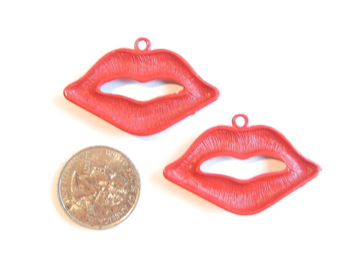 Pair of Red Epoxy Lip Charms with Rhinestone Beauty Mark Accent Silver-tone