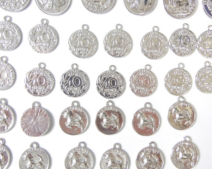 Lot of Quality Coin Currency Charms with Horses, Unicorn, Profile Silver-tone
