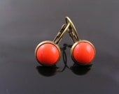 Czech Glass Earrings, Czech Button Earrings, Sleeper Earrings, Small Earrings, Short Earrings, Coral Glass Earrings, Orange Earrings