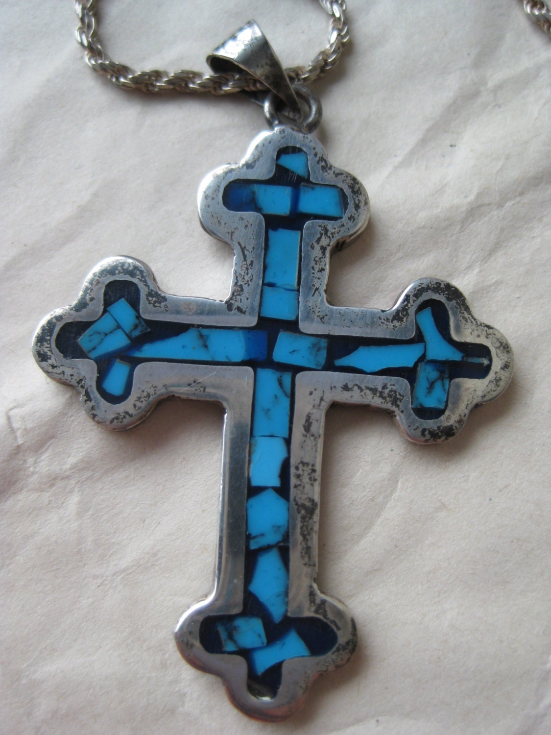 Turquoise Inlay Cross Sterling Necklace Pendant Vintage 925