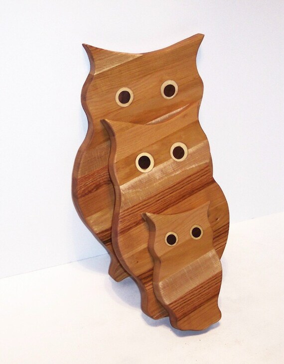 3 Owl Wood Cutting Board Set Handcrafted from Mixed Hardwoods