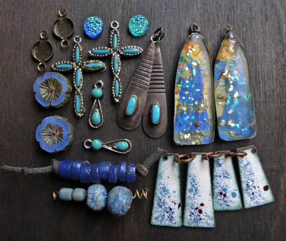 Blue Earring Inspiration Kit. Rustic resin shrines, mix lot assortment.
