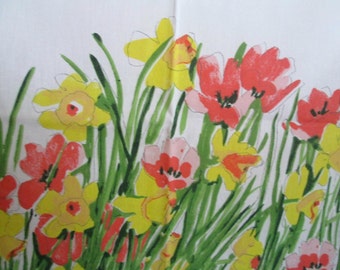 Fab Vintage Vera Tablecloth Daffodils & Poppies Oblong Red and Yellow