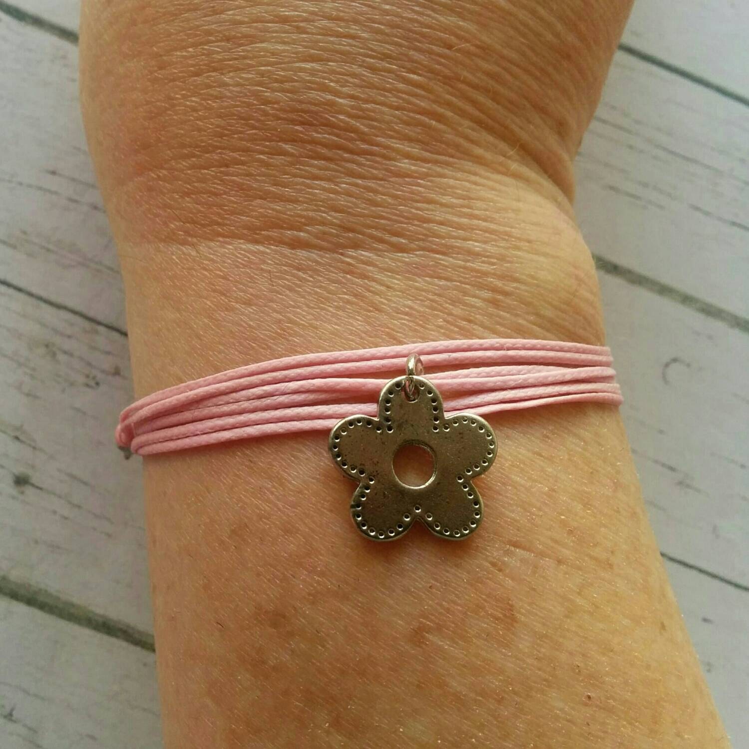String Wrap Bracelet Silver Flower Charm Wrap Bracelet