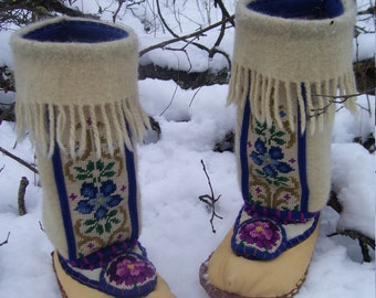 Warmth of the Old Country- Deerskin / Felted Blanket Wool Slipper Boots/ Wool Lined/ Sheepskin & Leather Soles-Women's and Men's Sizes