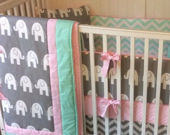 Baby Girl Crib Bedding Set Gray Pink and Mint Elephant Deposit