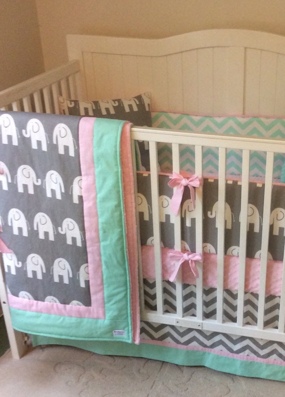 Baby Girl Crib Bedding Set Gray Pink and Mint Elephant Deposit