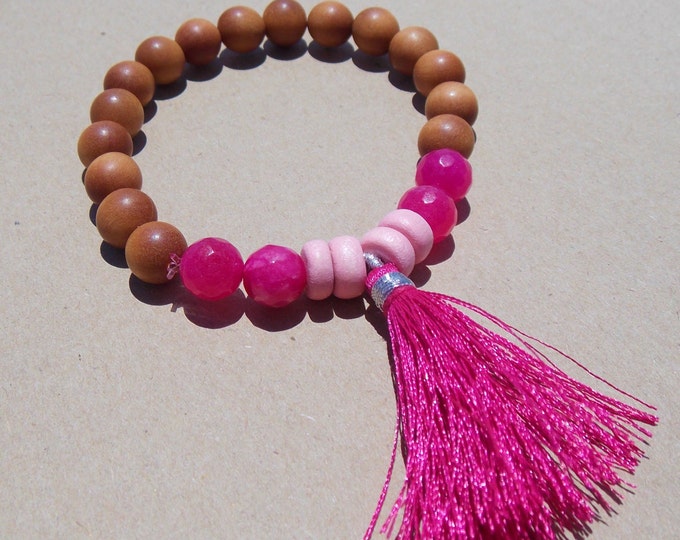 Boho Yoga Pink Tassel Bracelet Sandalwood Beaded Bracelet Bubblegum Pink Agate Wood Natural Elements Spiritual Jewelry