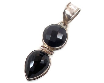 Black Onyx Pendant, Sterling Silver, Checkerboard Faceted, Vintage Pendant, Big Stone, Huge Pendant, Statement, Black Stone, Vintage Jewelry