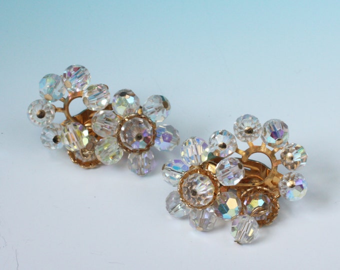 AB Crystal Cluster Earrings Dangles Clip Earrings Glitzy Wedding Special Occasion