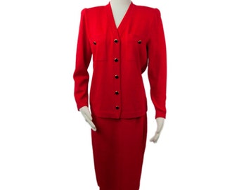 1970s St John Marie Gray Tomato Red Santana Knit 2 Piece Cardigan & A-Line Skirt Set Skirt Suit