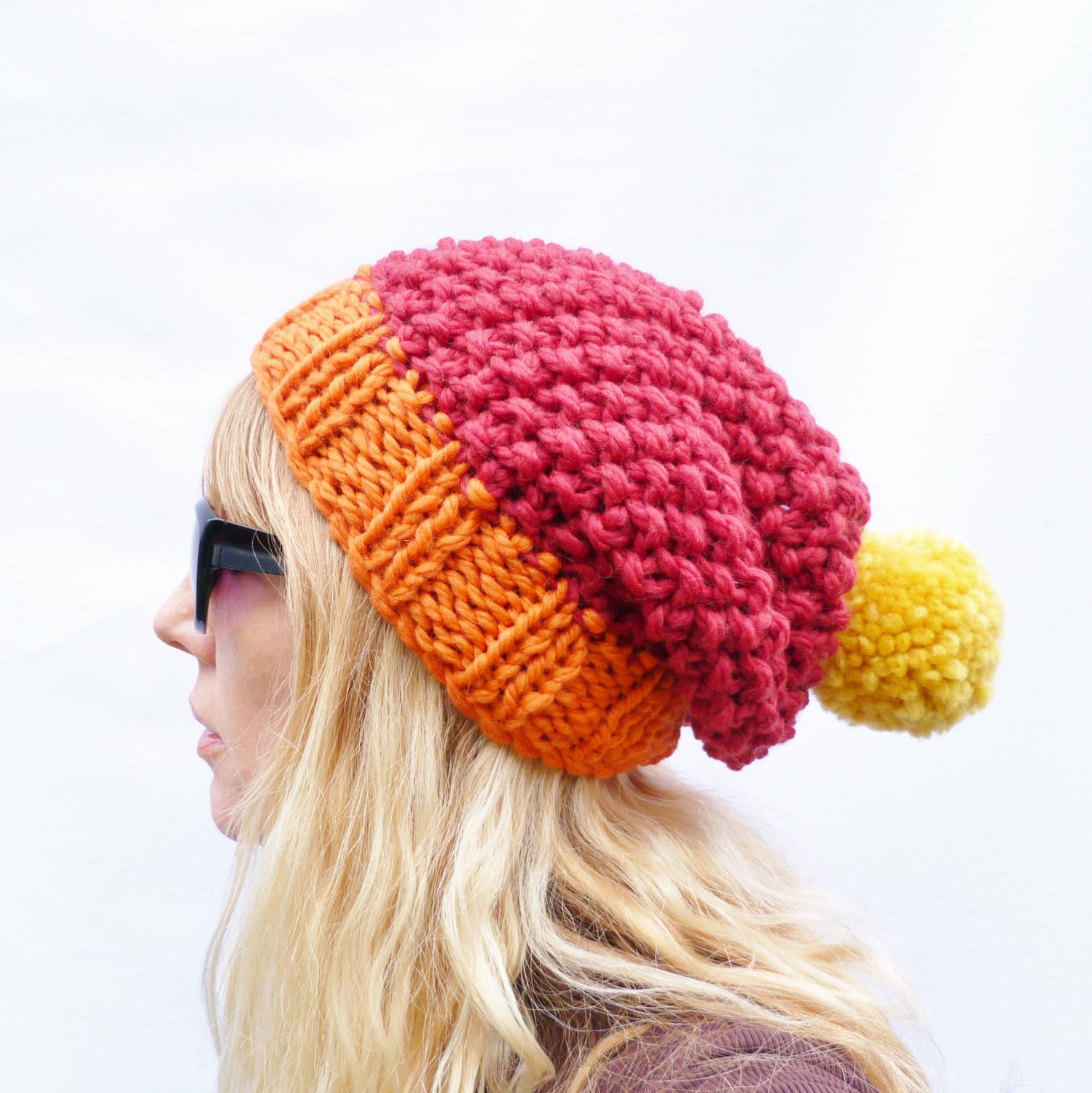 READY TO SHIP Chunky Knit Colour Block Slouchy Bobble Hat