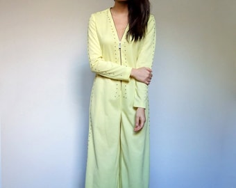 Vintage Yellow Jumpsuit 70s Gold Studded Long Sleeve Wide Leg Playsuit - Medium to Large M L