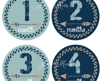 FREE GIFT, Tribal, Monthly Baby Boy Stickers, Baby Month Stickers Boy, Milestone, Mod, Wilderness, Arrow, Nursery Decor, Navy Blue, Tan