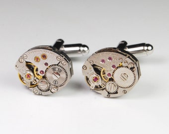 Steampunk Cufflinks Vintage Swiss Watch Movement Mens Gear Cuff Links by Steampunk Vintage Design