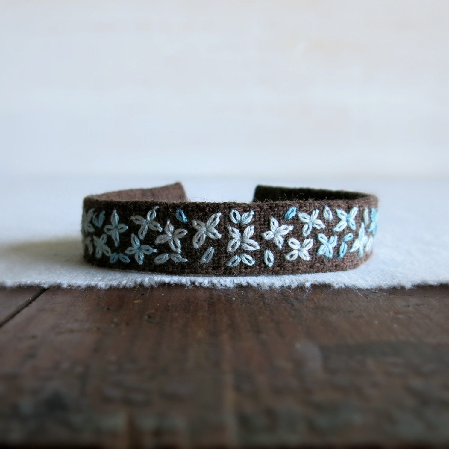 Teal Ombre On Brown Linen Embroidered Bracelet Hand