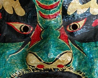 large VINTAGE MASK CHINA, papier mache,10 5/8" high,opera, bat,fangs,red,turquoise,black,beige,mustard,yellow