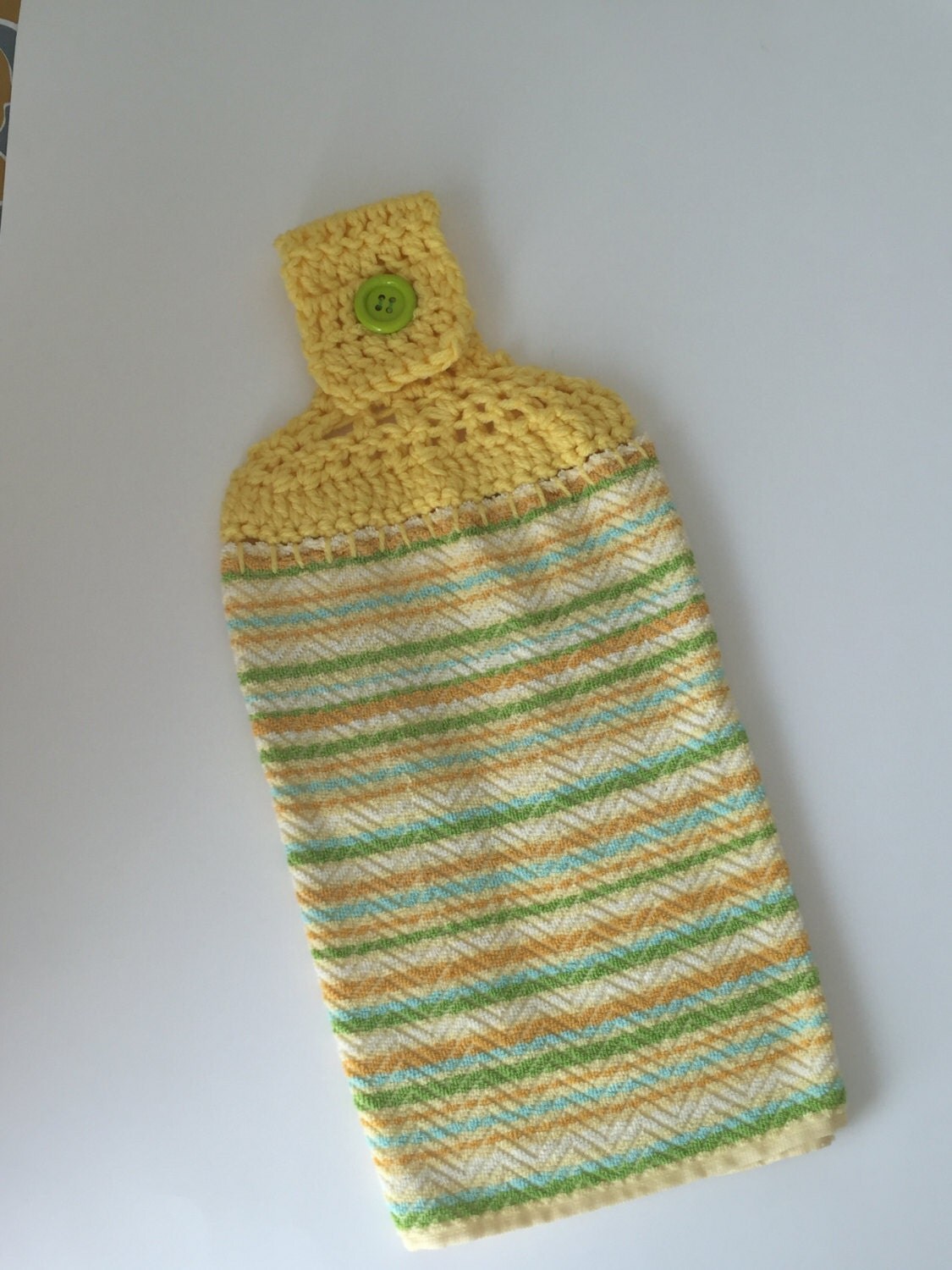 hand crochet kitchen hand towel topper with button cotton