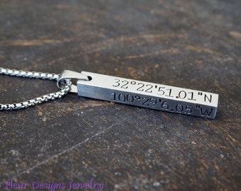 Custom Coordinates Necklace, Latitude/Longitude Necklace, 4 Sided Bar Custom Message Necklace