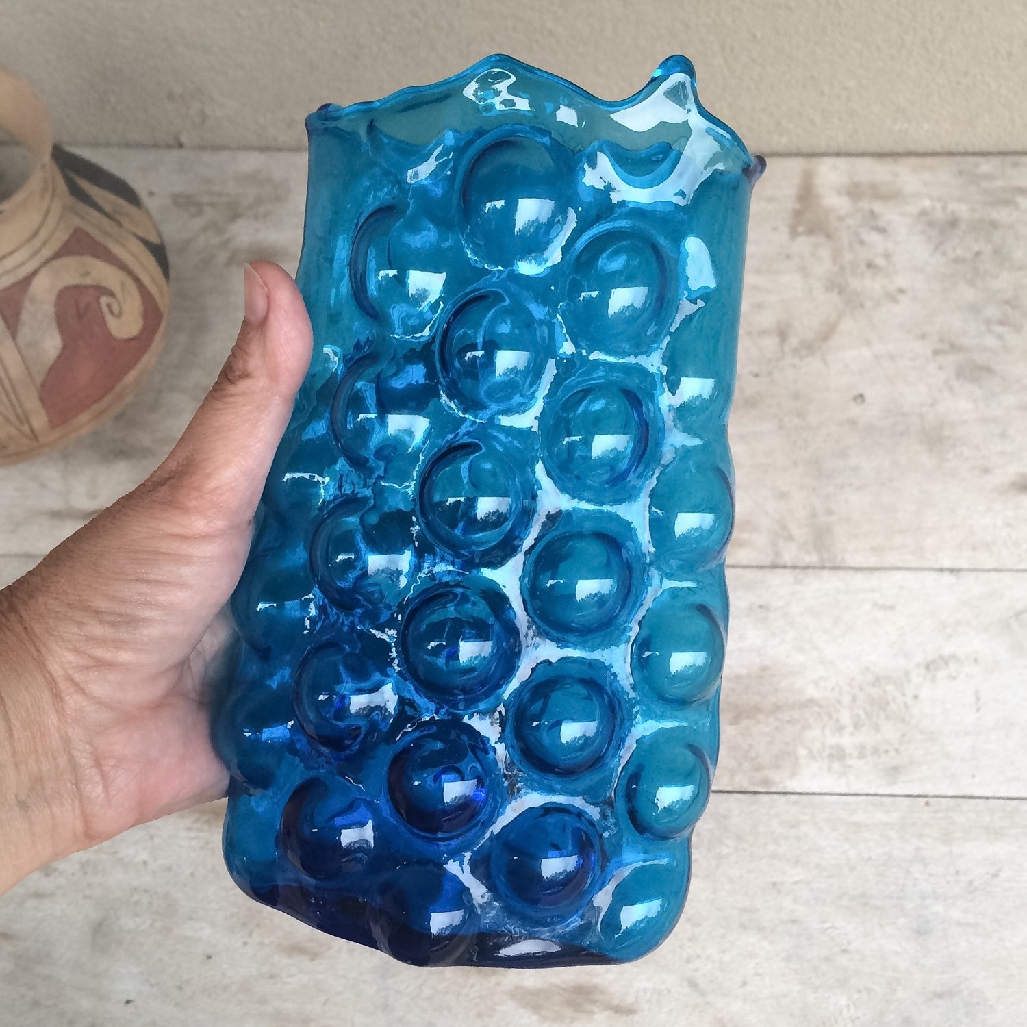 Midcentury Modern blue bubble wrap glass acidstamped Blenko vase by
