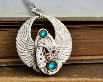 TIME FILES winged steampunk vintage 19 jeweled Elgin watch movement necklace in silver