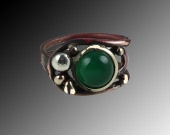 Copper ring - Ajustable ring- Coppering with silver- Copper ring with green agat- Green agat ring