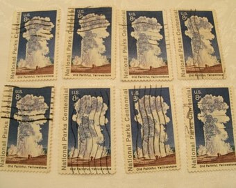 8 National Park Stamps, Yellowstone, Old Faithful, Travel Journal, Vintage stamps, Postage Stamps