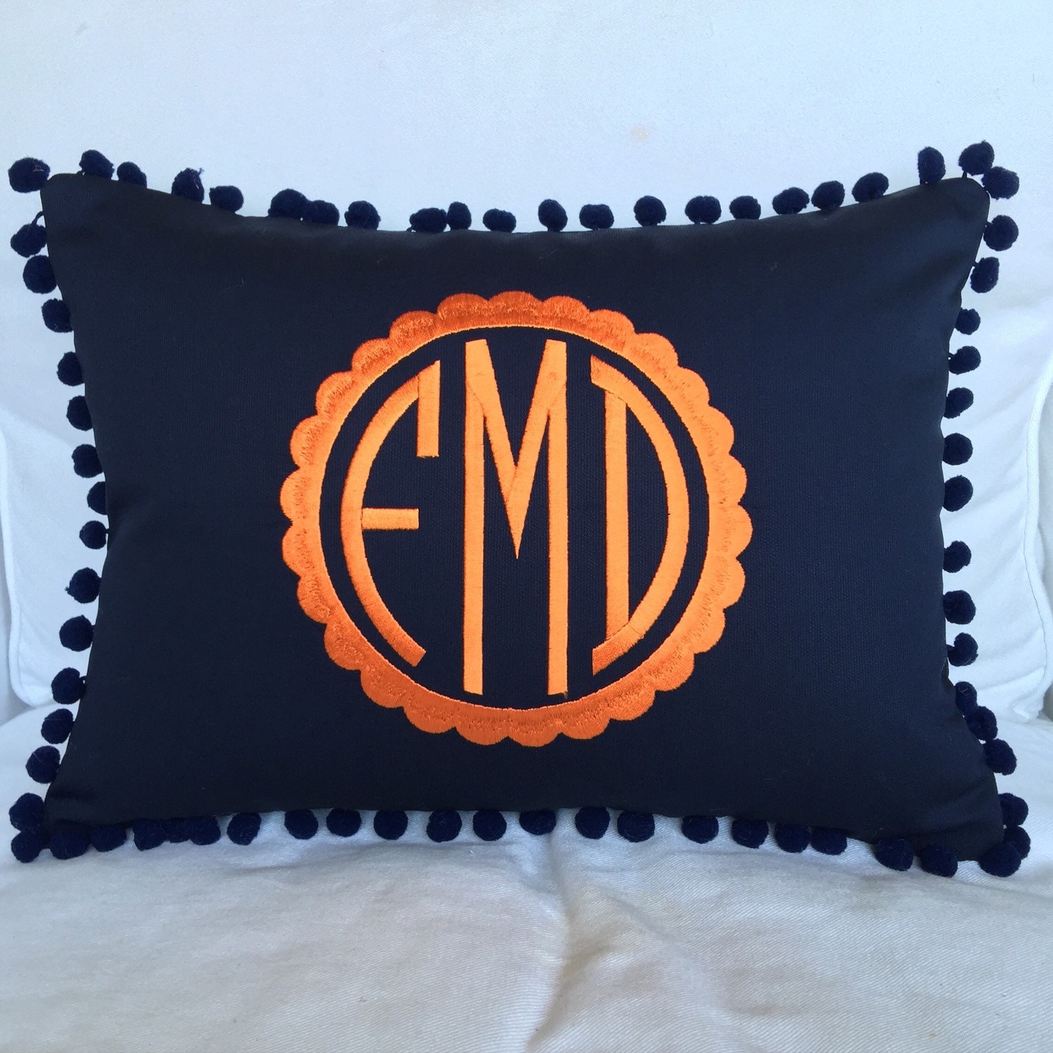 Monogrammed Pique Pom Pom Pillow Cover