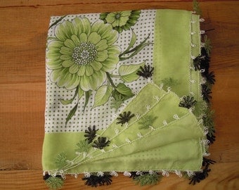 Green scarf, needle lace edging, turkish oya