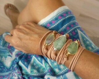 Chunky Sea Green Boho Long Leather Wrap Bracelet Fluorite Amazonite Aquamarine Glass Nugget