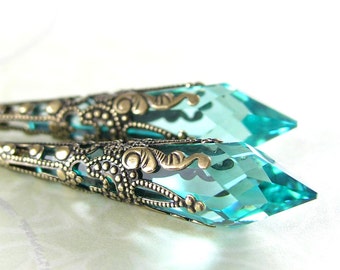Aqua Green Earrings Antique Gold Aquamarine Earrings Swarovski Crystal Earrings Victorian Jewelry Teardrop Earrings Long Drop Earrings