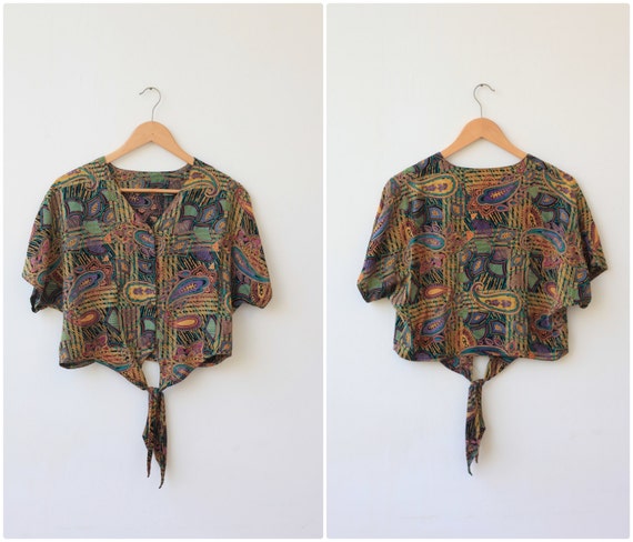 Tie Front Top 1980's Button Front Crop Top 80's Blouse