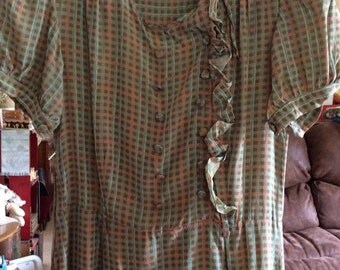 Vintage 1930s 1940s Dress Rayon Blend Light Brown Peach Turquoise Side Metal Zipper
