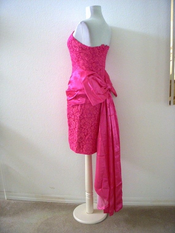Vintage 80s Pink Strapless Lace Party Dress with Satin Swag by