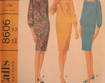 Vintage 1966 Three Quarter Sleeve Shift Dress Pattern Square Neckline McCalls 8606 Size 14