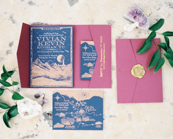 Mystical Mountains Custom Letterpress Wedding Invitation Suite with Custom Map