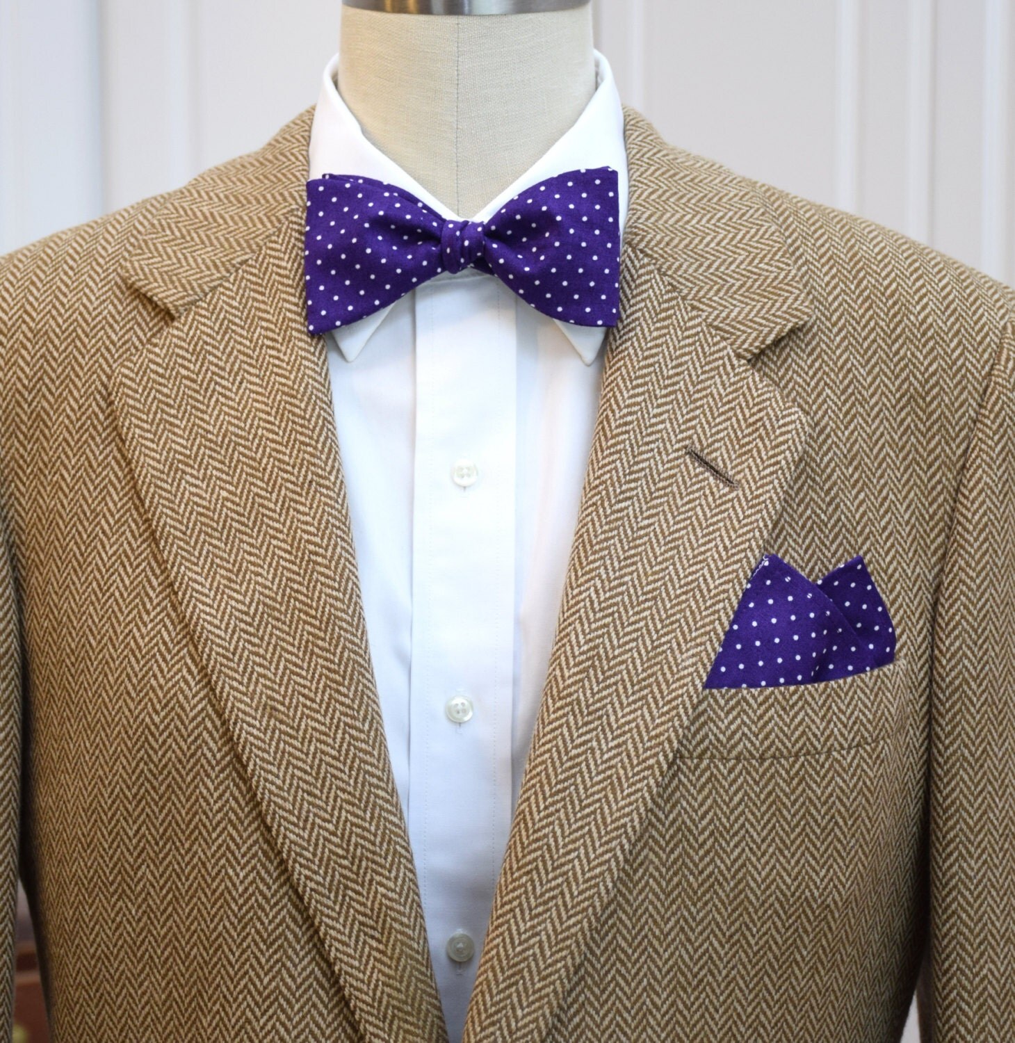 Men's Pocket Square and Bow Tie in royal purple with white pin dots ...