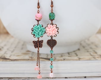 Asymmetrical earrings Turquoise and Pink earrings Butterfly earrings Vintage Copper Mismatched earrings Summer Floral Earrings- Garden Charm